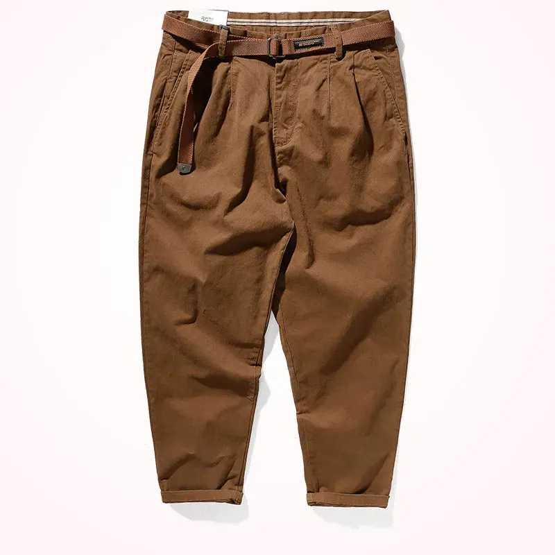 Men's Fashionable Retro Loose Casual Pencil Pants - Washed Old Khaki Cropped Tapered Style