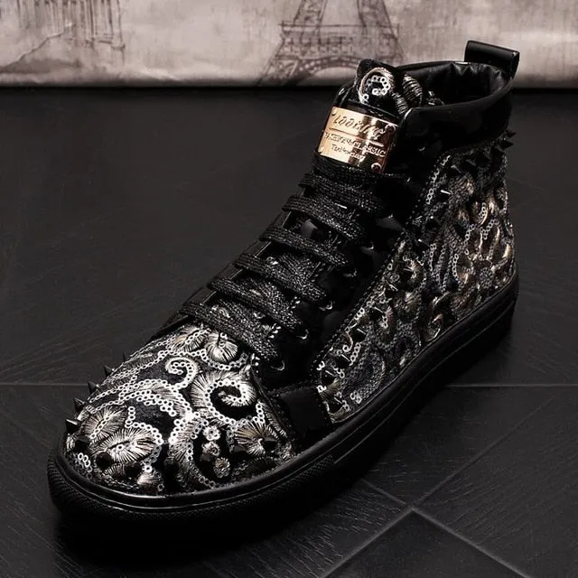 Men's High-top Suede Casual Shoes Men Top Fashion Sneakers Lace-up High Style Solid Colors Wild Men's Rivet Embroidered Shoes