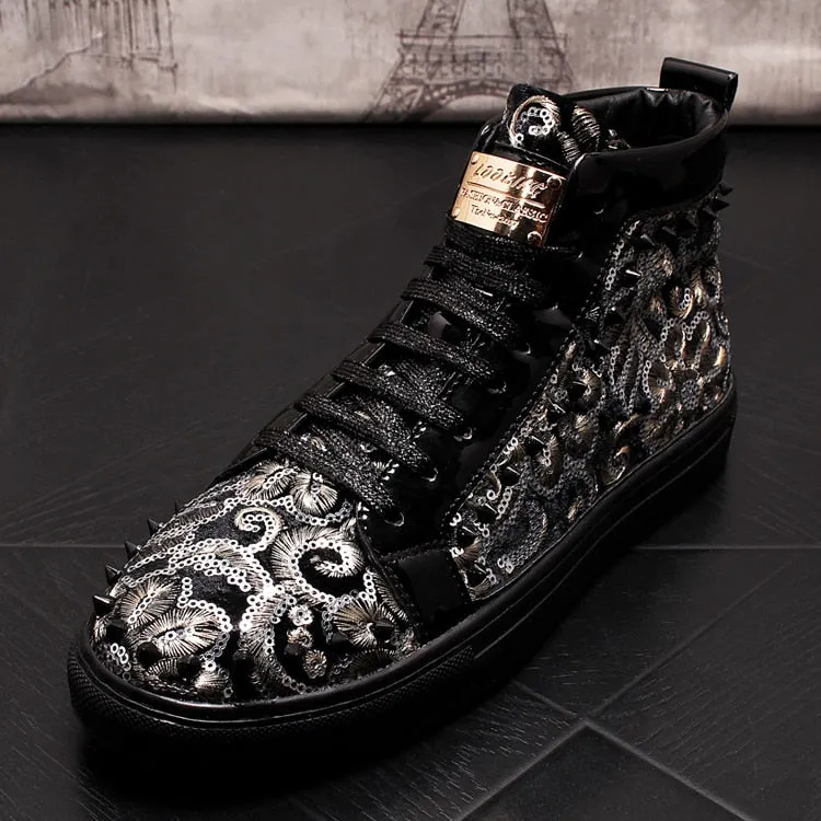 Men's High-top Suede Casual Shoes Men Top Fashion Sneakers Lace-up High Style Solid Colors Wild Men's Rivet Embroidered Shoes