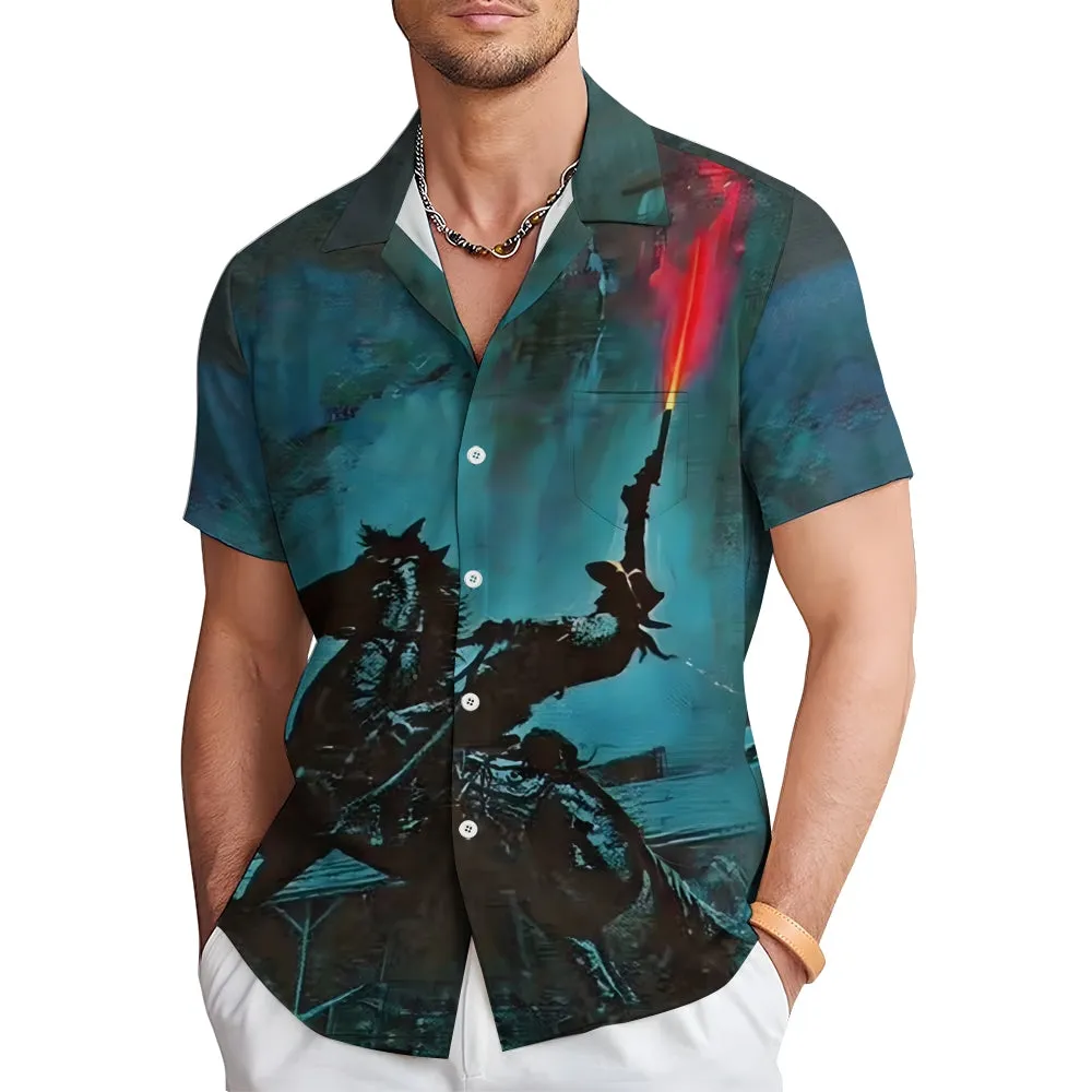 Men's Retro Denim Print Casual Short Sleeve Shirt 2402000360