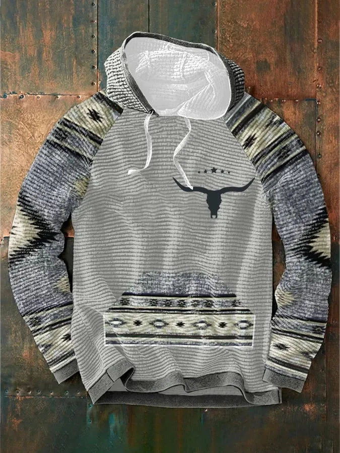 Men's Retro Western Print Casual Hooded Sweatshirt