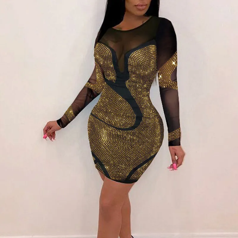 Mesh Rhinestone Bodycon Party Dress