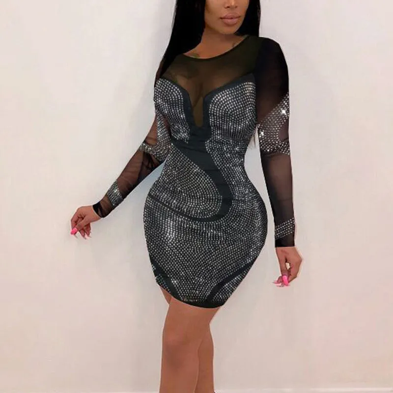 Mesh Rhinestone Bodycon Party Dress