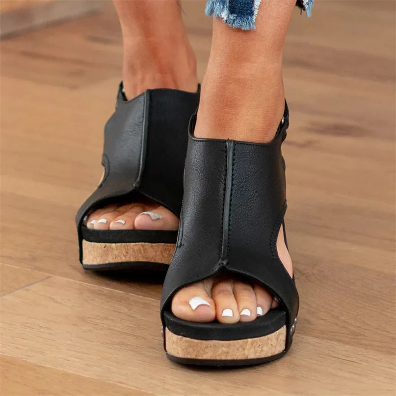 Mid Heel Peep Toe Platform Wedge Sandals for Women