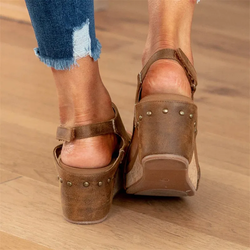 Mid Heel Peep Toe Platform Wedge Sandals for Women