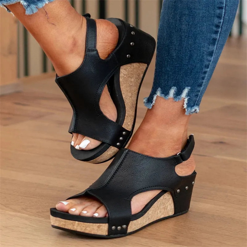 Mid Heel Peep Toe Platform Wedge Sandals for Women