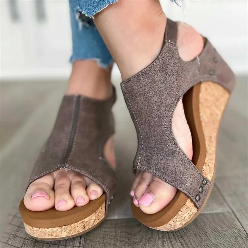 Mid Heel Peep Toe Platform Wedge Sandals for Women