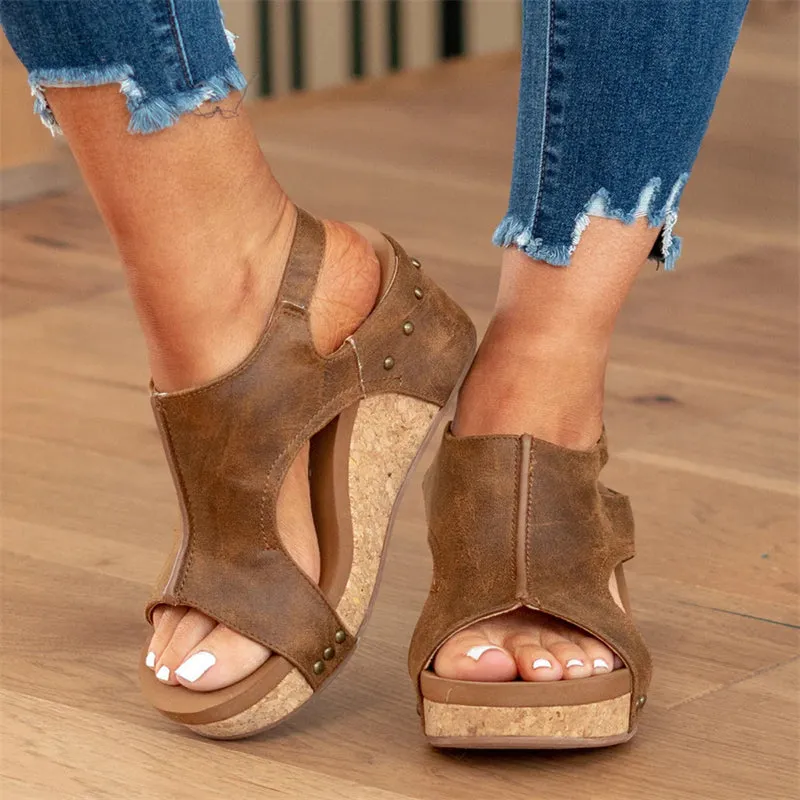 Mid Heel Peep Toe Platform Wedge Sandals for Women