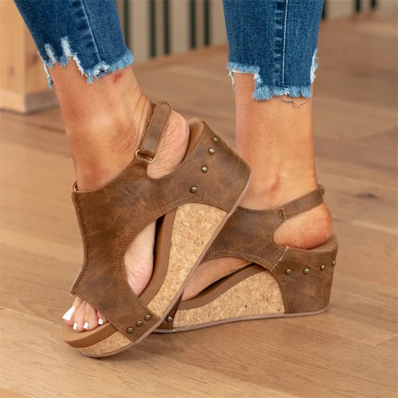 Mid Heel Peep Toe Platform Wedge Sandals for Women