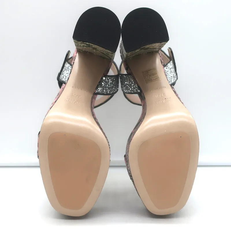 Miu Miu Snakeskin & Glitter Platform Sandals Pink/Silver Size 37.5 NEW