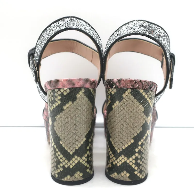 Miu Miu Snakeskin & Glitter Platform Sandals Pink/Silver Size 37.5 NEW
