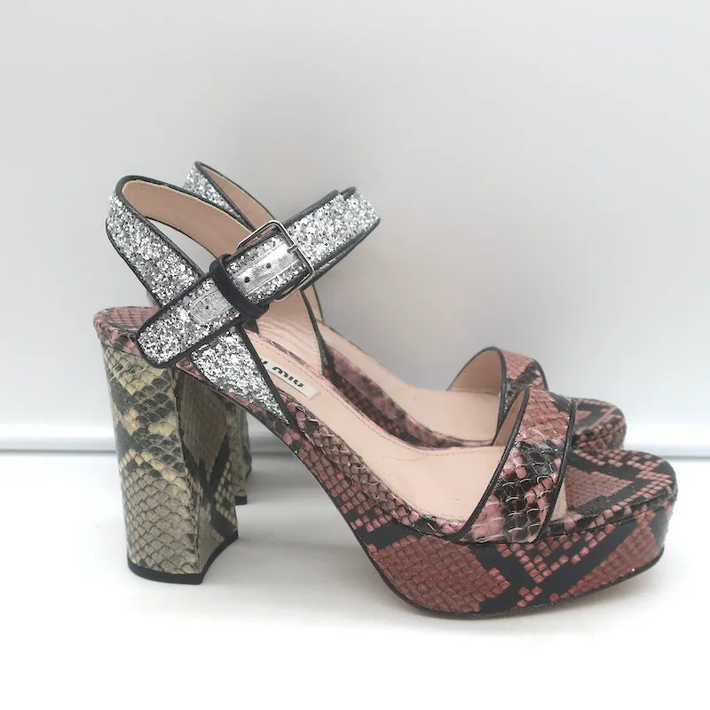 Miu Miu Snakeskin & Glitter Platform Sandals Pink/Silver Size 37.5 NEW