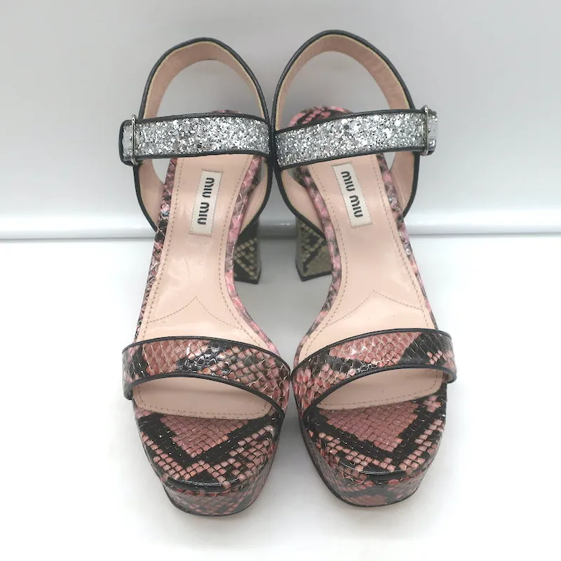 Miu Miu Snakeskin & Glitter Platform Sandals Pink/Silver Size 37.5 NEW