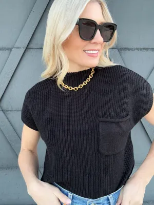 Mock Neck Short Sleeve Cropped Sweater In Black