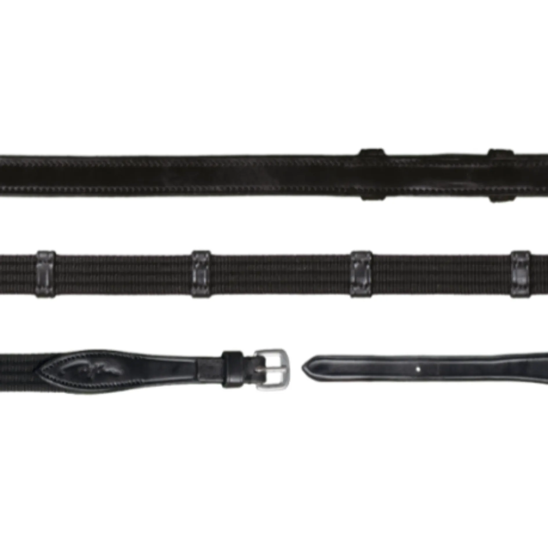 New English 5/8" Web Reins with 9 Leather Loops (Without Stopper) - Black
