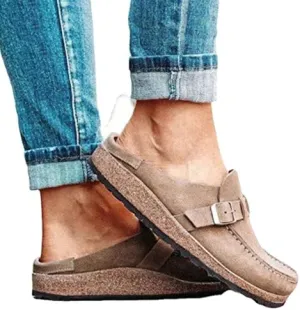 NEW Lightweight Women's Fashion Sandals Casual Comfy Clogs Platform Suede Slip On Sandals Summer Home Office Shoes Flat Mule Round Toe Loafer Shoes Closed Toe Walking Slippers Lady Boat Shoes, Khaki Sz 8.5