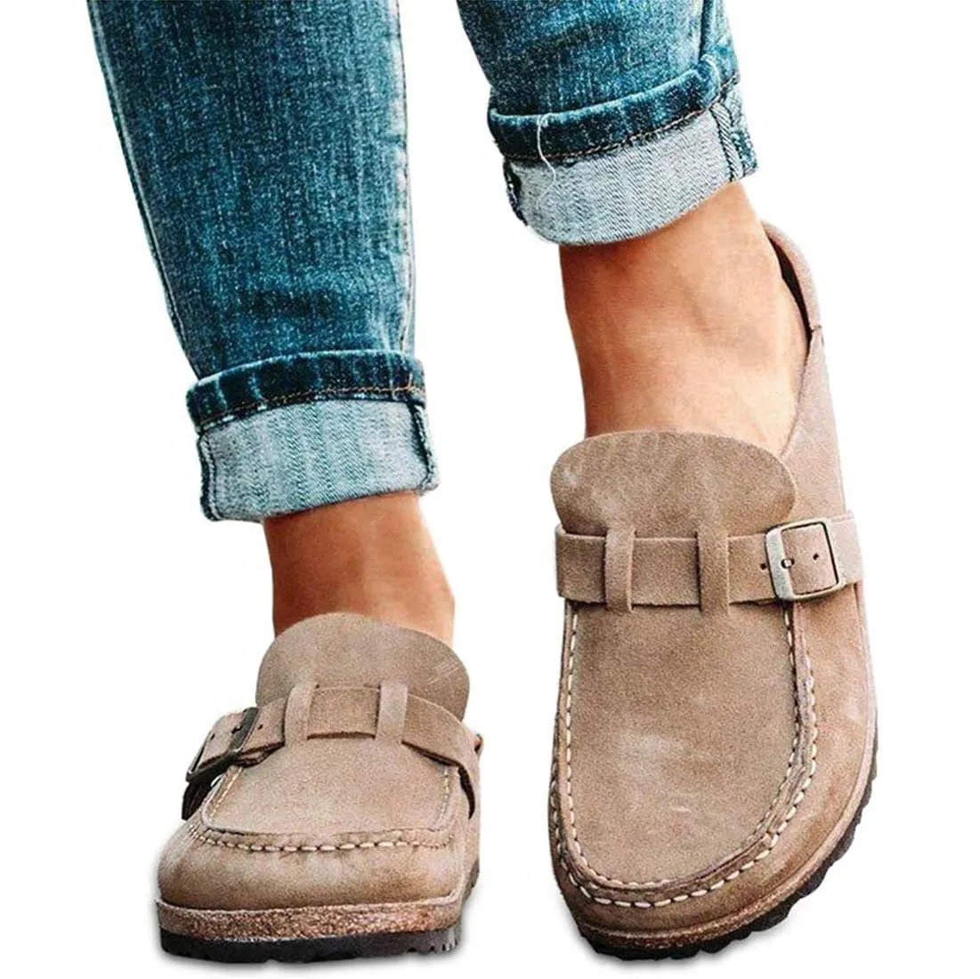 NEW Lightweight Women's Fashion Sandals Casual Comfy Clogs Platform Suede Slip On Sandals Summer Home Office Shoes Flat Mule Round Toe Loafer Shoes Closed Toe Walking Slippers Lady Boat Shoes, Khaki Sz 8.5