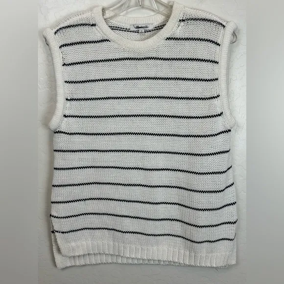 NEW Madewell Puff-Trim Linen Cotton Sweater Vest Stripe Ivory Black M 0840