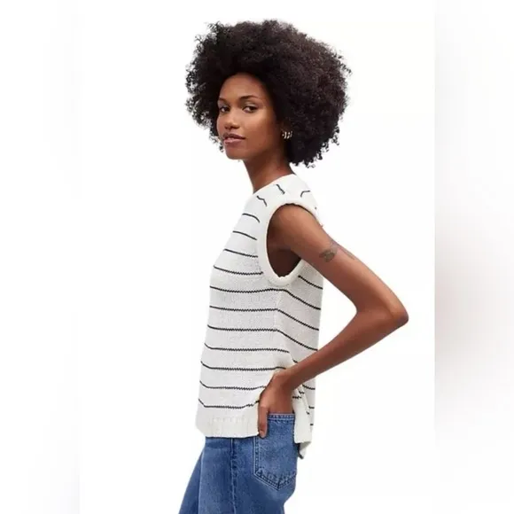 NEW Madewell Puff-Trim Linen Cotton Sweater Vest Stripe Ivory Black M 0840