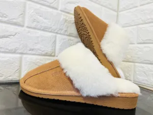 New Product not even in stores or online yet! Women's Cow Suede & Shearling Slippers by Tilley Co. MSRP 130  COGNAC Sz 8