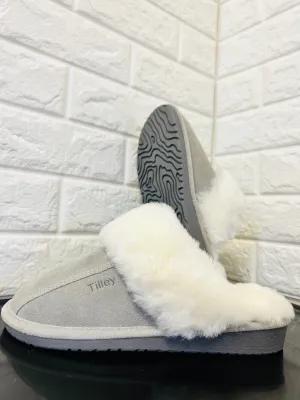 New Product not even in stores or online yet! Women's Cow Suede & Shearling Slippers by Tilley Co. MSRP 130  GREY Sz 11
