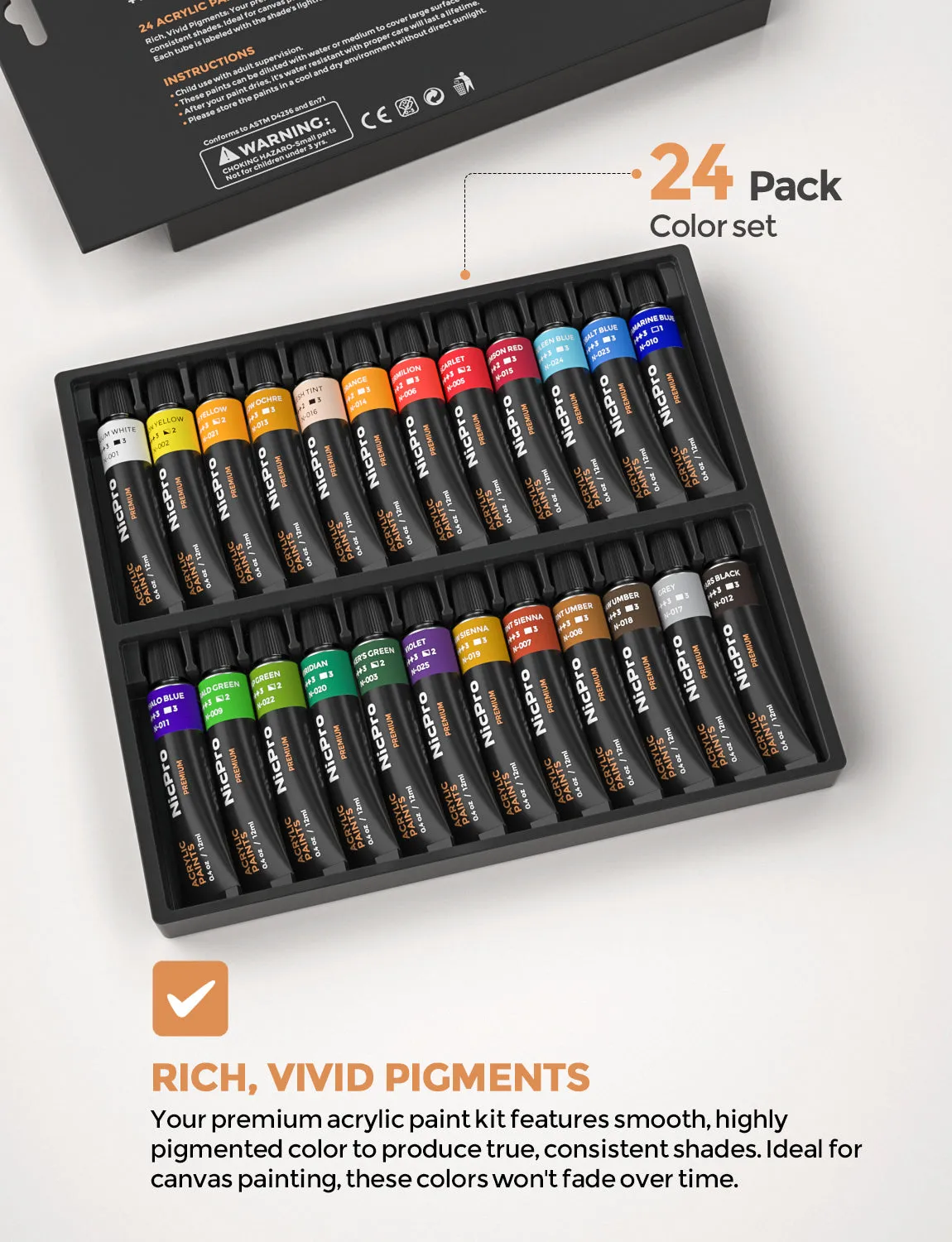 Nicpro Beginner Acrylic Paint Set, 24 Rich Pigment Colors (12ml) 12 Brushes, Wooden Easel, 4 Pack Canvas Panel, Paint Tray, Color Wheel, Painting Art Supplies for Artist Adult, Student & Kid