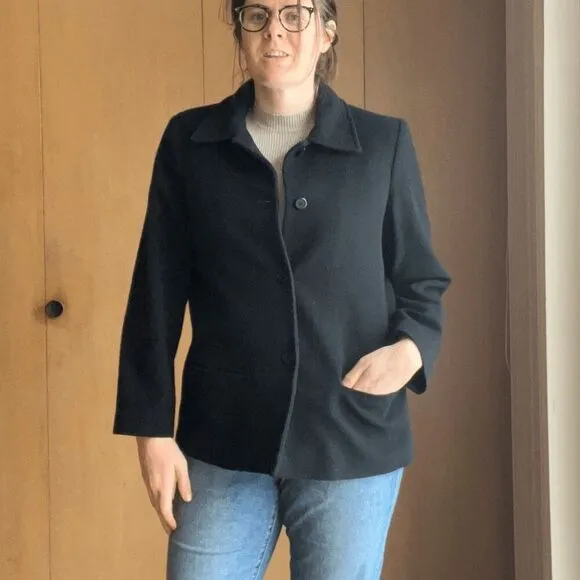Old Money Timeless Black Mid-weight Wool Button-Up Coat Jacket Size L