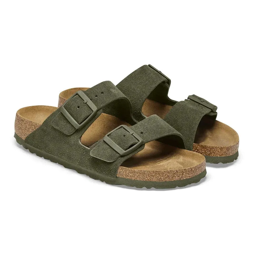 Olive Green Suede Leather Ease Comfort Slippers with Buckle - Slippers
