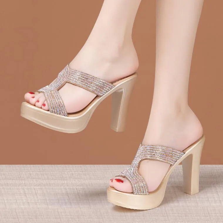 Petite Rhinestone Strap Peep Platform Chunky Heel Sandals MS361