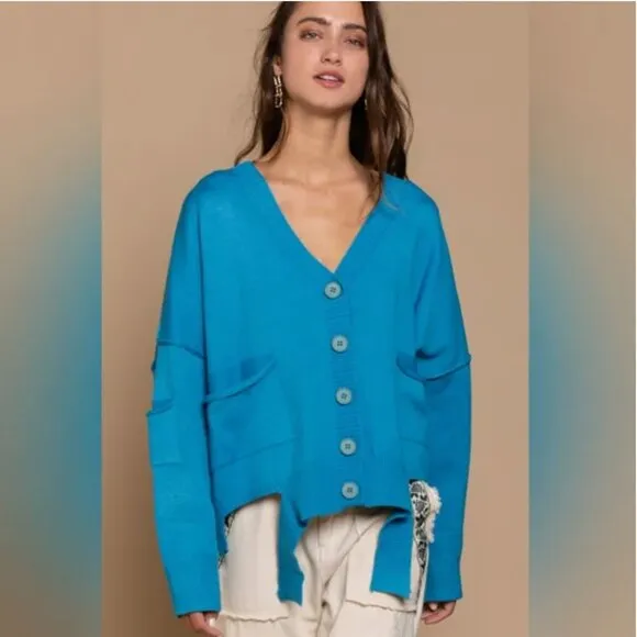 POL Oversized Turquoise Cardigan Sweater Sapphire Blue Destroyed Distressed SM