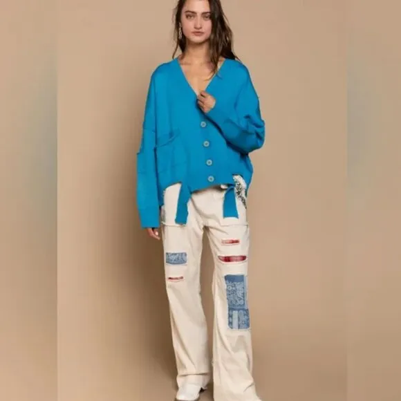 POL Oversized Turquoise Cardigan Sweater Sapphire Blue Destroyed Distressed SM