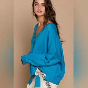 POL Oversized Turquoise Cardigan Sweater Sapphire Blue Destroyed Distressed SM