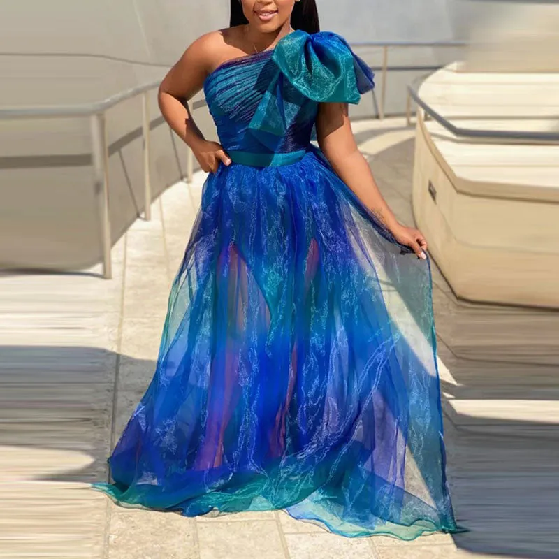 Print One Shoulder Bowknot Decoration Sheer Mesh Floor-Length Plus Size Evening Dress