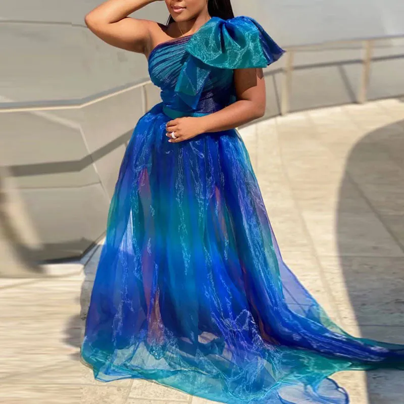 Print One Shoulder Bowknot Decoration Sheer Mesh Floor-Length Plus Size Evening Dress