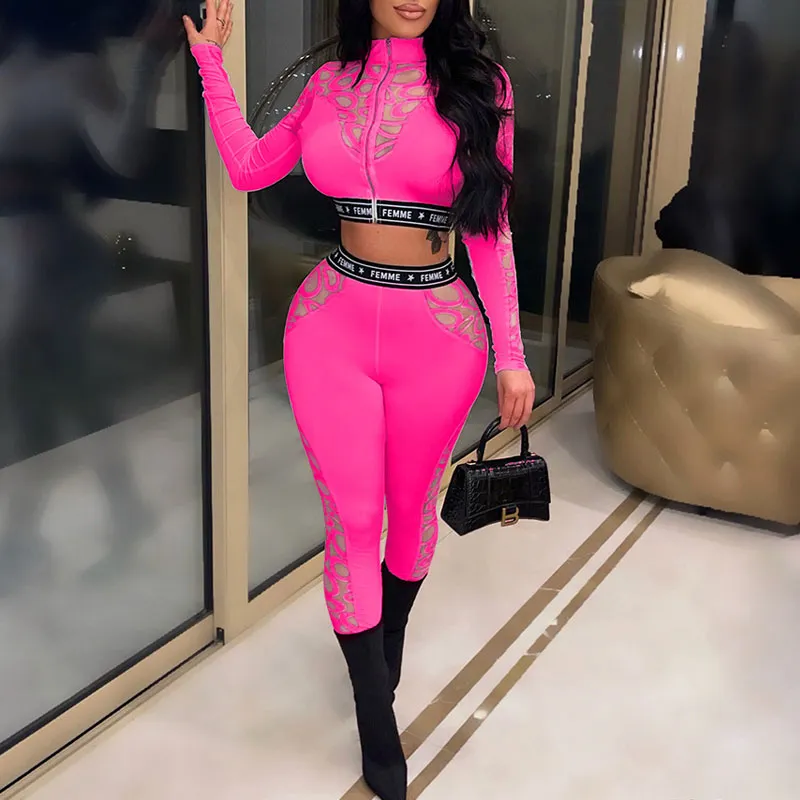Print Sheer Mesh Long Sleeve Crop Top & Pants Set