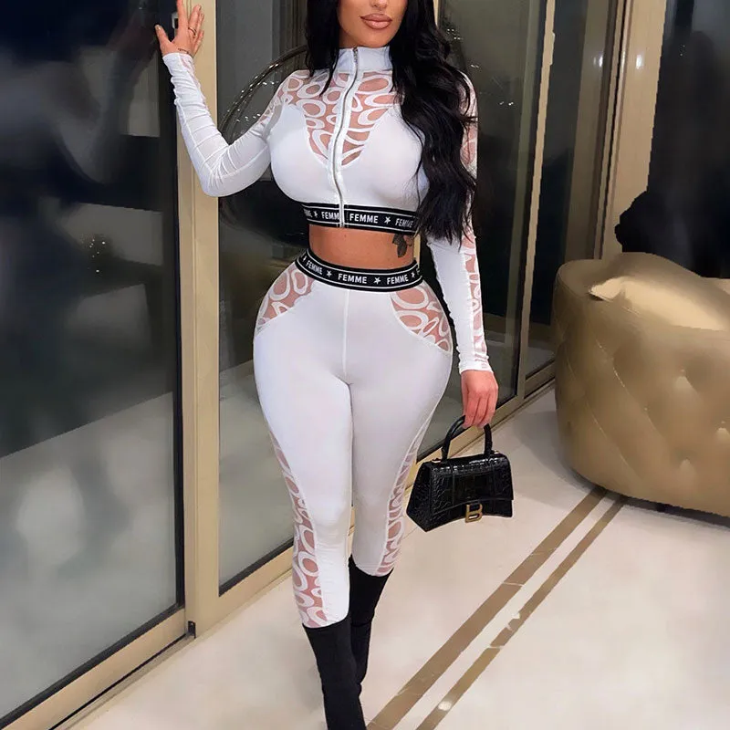Print Sheer Mesh Long Sleeve Crop Top & Pants Set