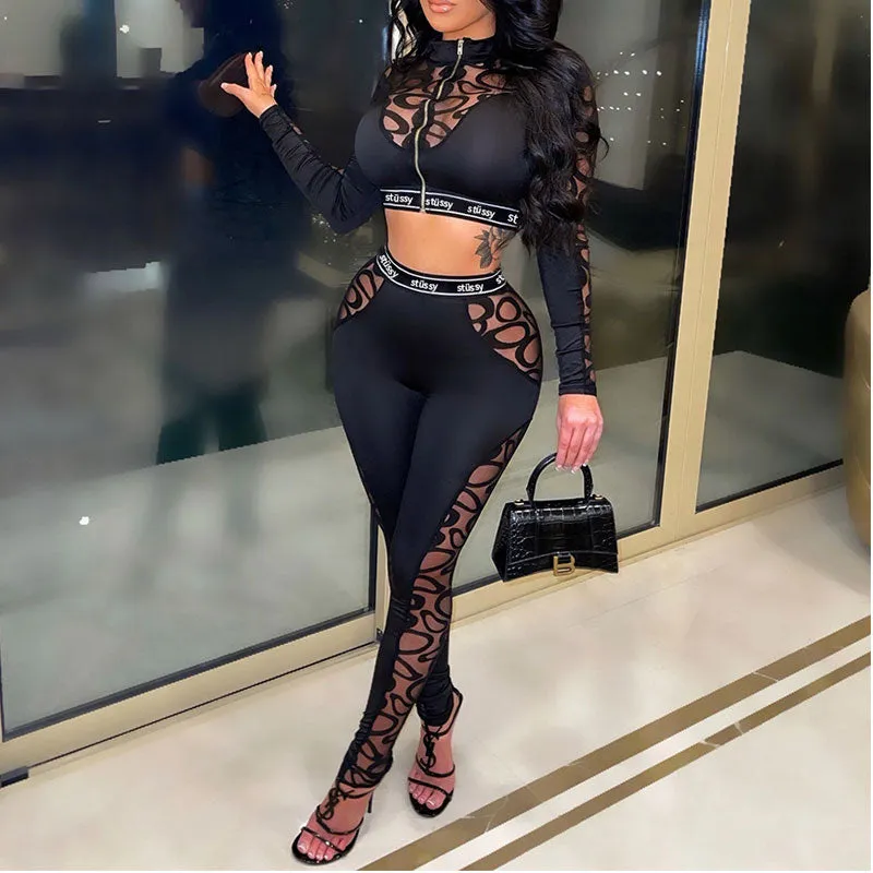 Print Sheer Mesh Long Sleeve Crop Top & Pants Set