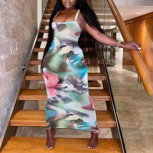 Print Sheer Mesh Spaghetti Strap Maxi Dress
