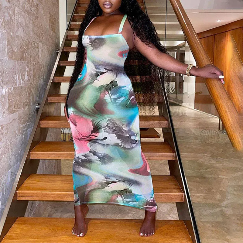 Print Sheer Mesh Spaghetti Strap Maxi Dress