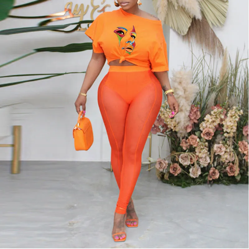 Print Short Sleeve Crop Top & Sheer Mesh Pants Set