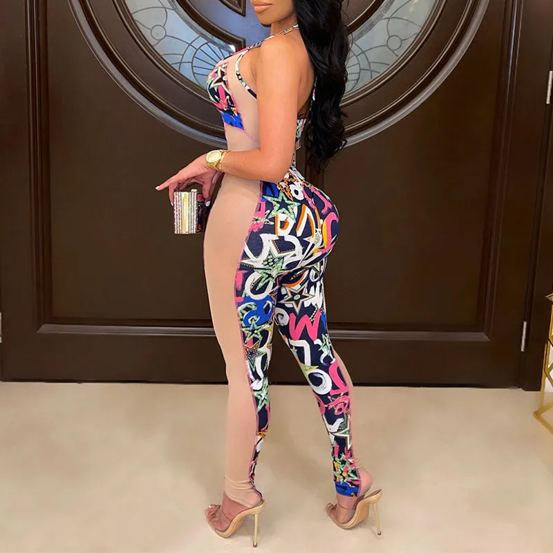 Print Sleeveless Halter Sheer Mesh Jumpsuit