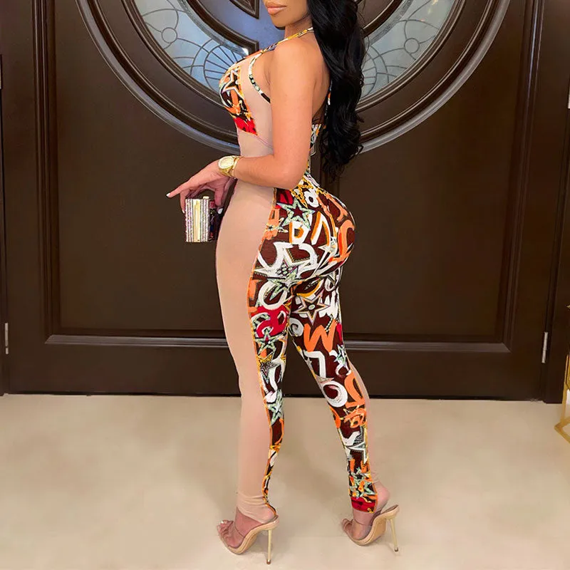 Print Sleeveless Halter Sheer Mesh Jumpsuit