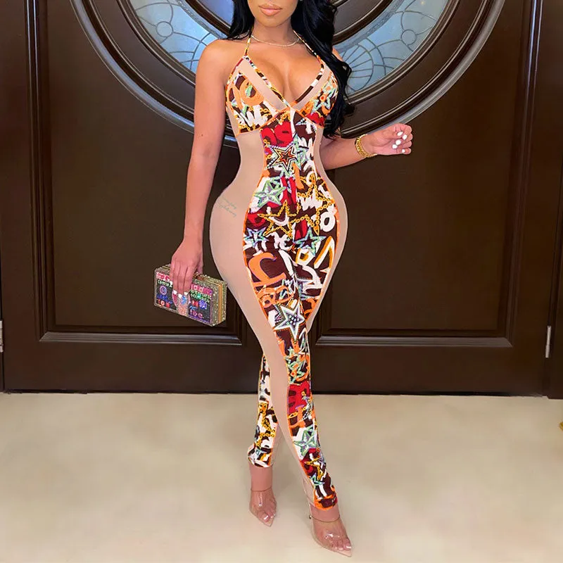 Print Sleeveless Halter Sheer Mesh Jumpsuit