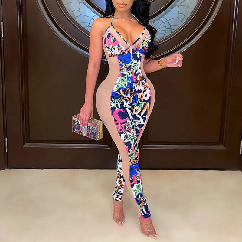Print Sleeveless Halter Sheer Mesh Jumpsuit