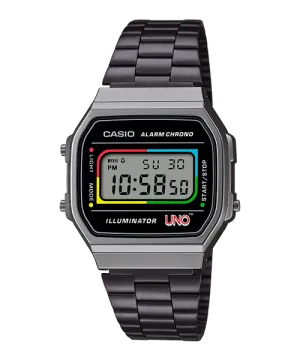 Reloj Vintage casual correa de Acero inoxidable colaboración con UNO™ A168WEUC-1A