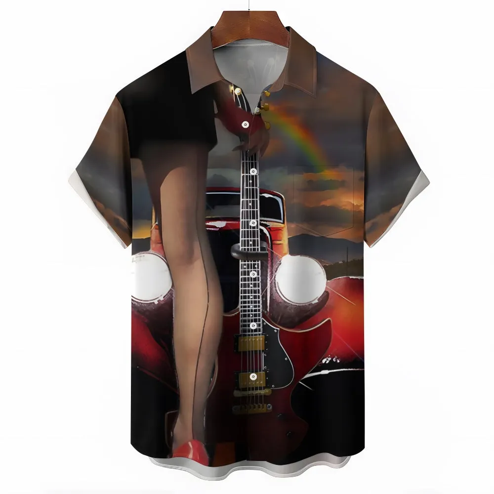 Retro Car Girl Guitar Music Casual Short Sleeve Shirt 2404000714