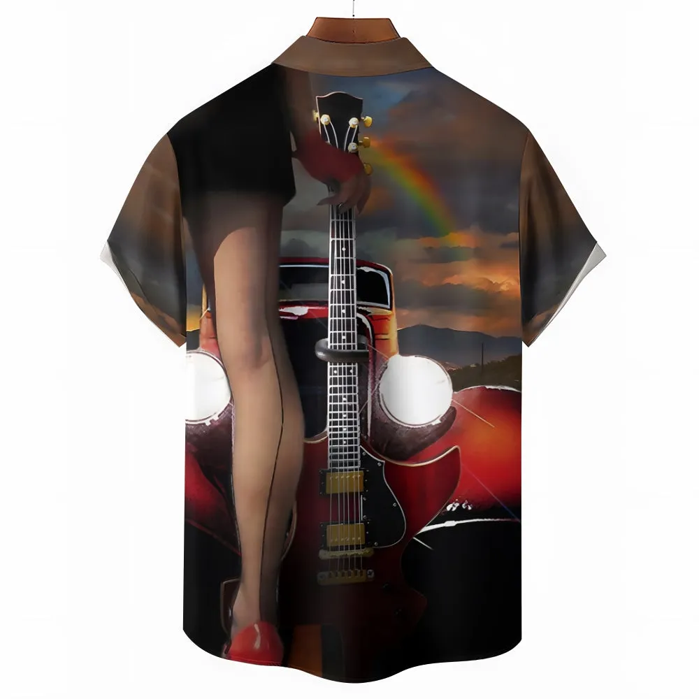 Retro Car Girl Guitar Music Casual Short Sleeve Shirt 2404000714