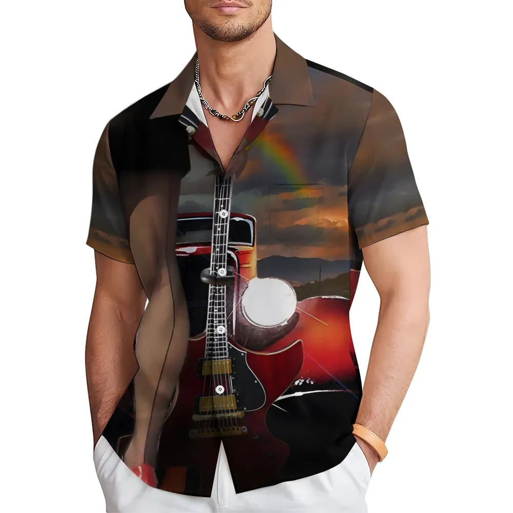 Retro Car Girl Guitar Music Casual Short Sleeve Shirt 2404000714