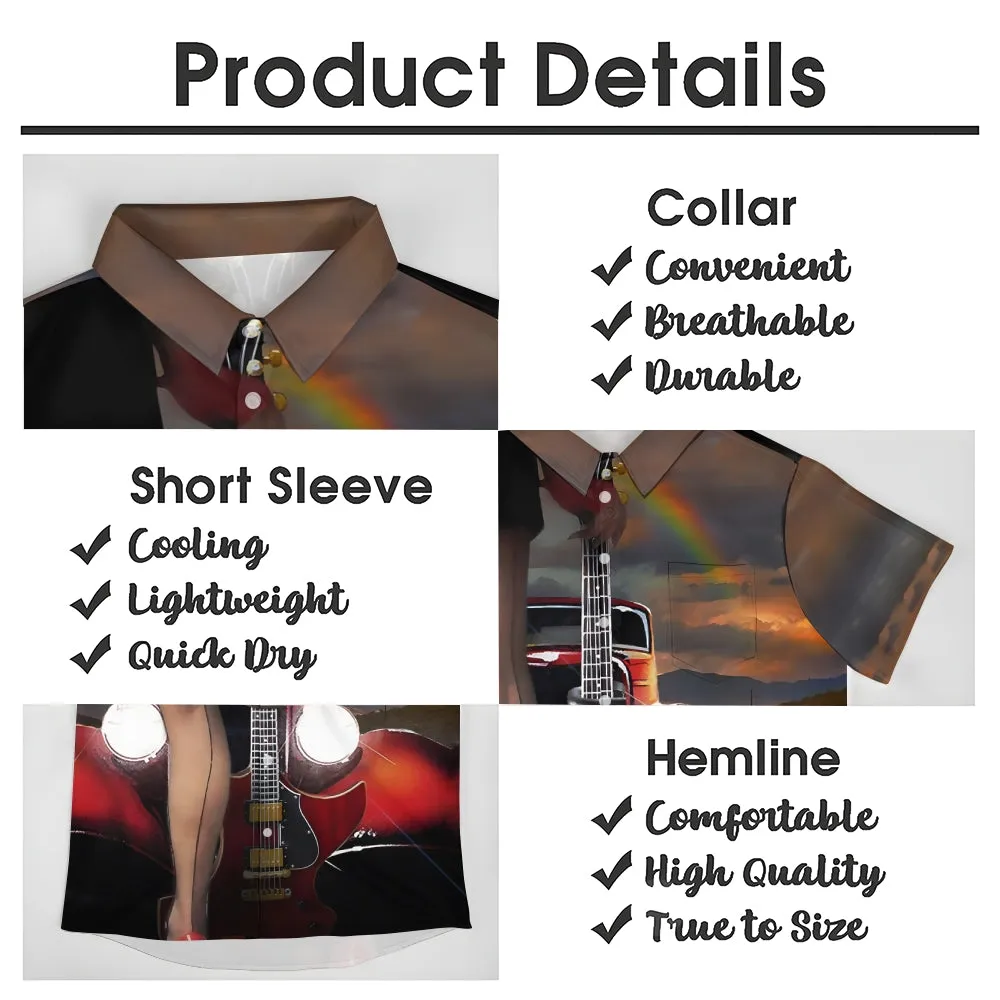 Retro Car Girl Guitar Music Casual Short Sleeve Shirt 2404000714