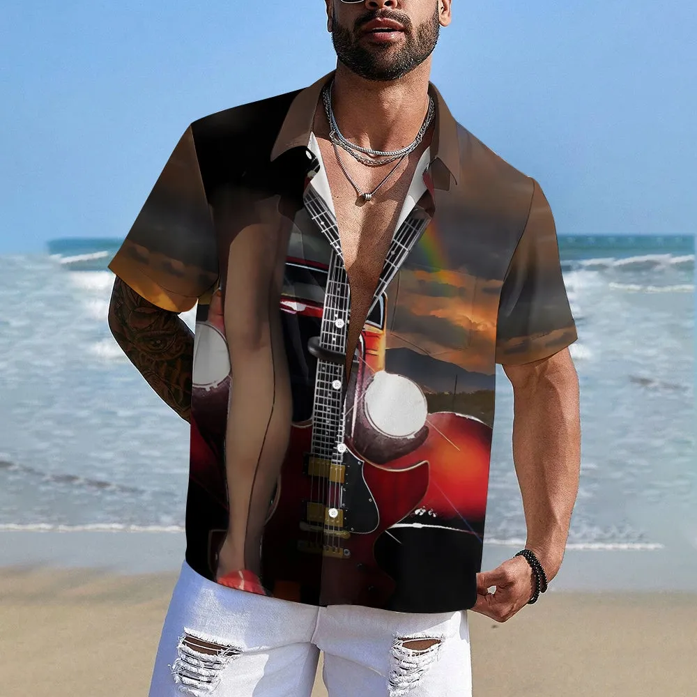 Retro Car Girl Guitar Music Casual Short Sleeve Shirt 2404000714